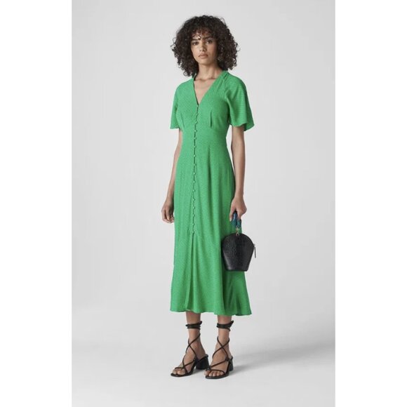 WHISTLES Micro Spot Button Maxi Dress in Green Polka Dot Preppy Flowy Cottage - Picture 1 of 15